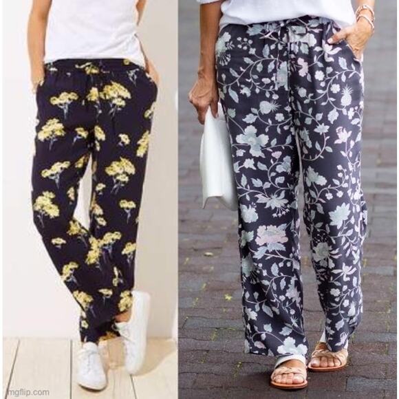 LOFT 2 Pairs Women's XSP Floral 100% Viscose Blue & Gray Fluid Drawstring Pants - Picture 1 of 14